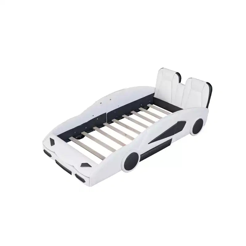 Lit plateforme Whisen Wood en forme de voiture de course, taille double, avec LED et dossier rembourré