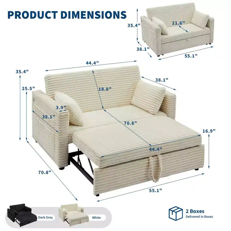 Canapé-lit convertible 55 pouces avec repose-pieds escamotable et dossier réglable, canapé peu encombrant pour petits appartements