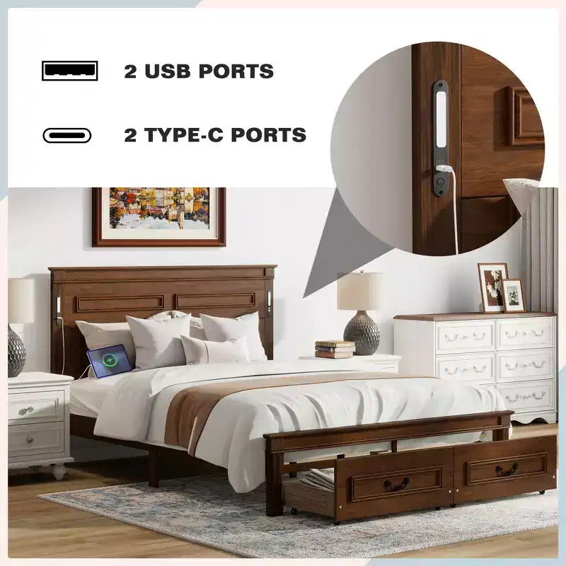 ModernLuxe Lit plateforme Queen/King Size avec tête de lit haute, cadre de lit rustique en bois avec 2 tiroirs, lumières LED et ports USB