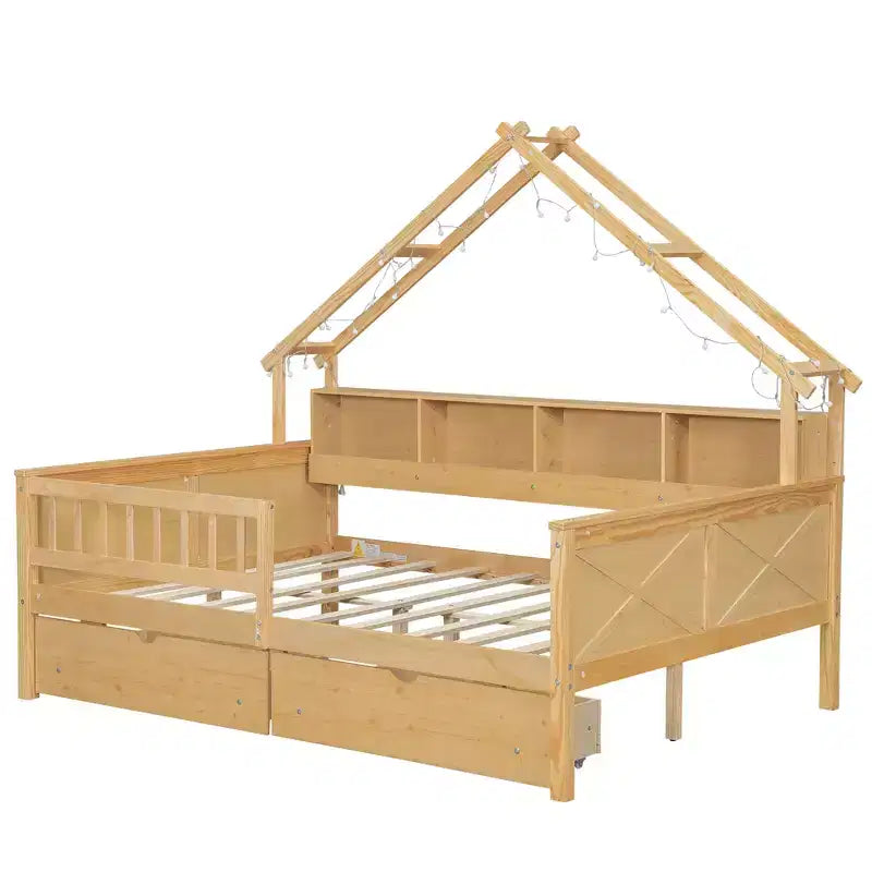 Cadre de lit maison pleine grandeur avec tiroirs, lit plate-forme maison avec lumières LED, étagères de rangement et tiroirs, lit de repos en bois avec toit et garde-corps