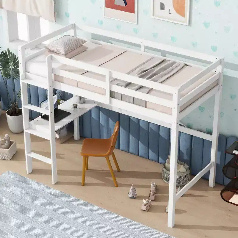Lit mezzanine Okak Minimalism avec échelle, lit mezzanine simple en bois d'hévéa avec garde-corps de sécurité et bureau intégré, cadres de lit pour enfants, adolescents