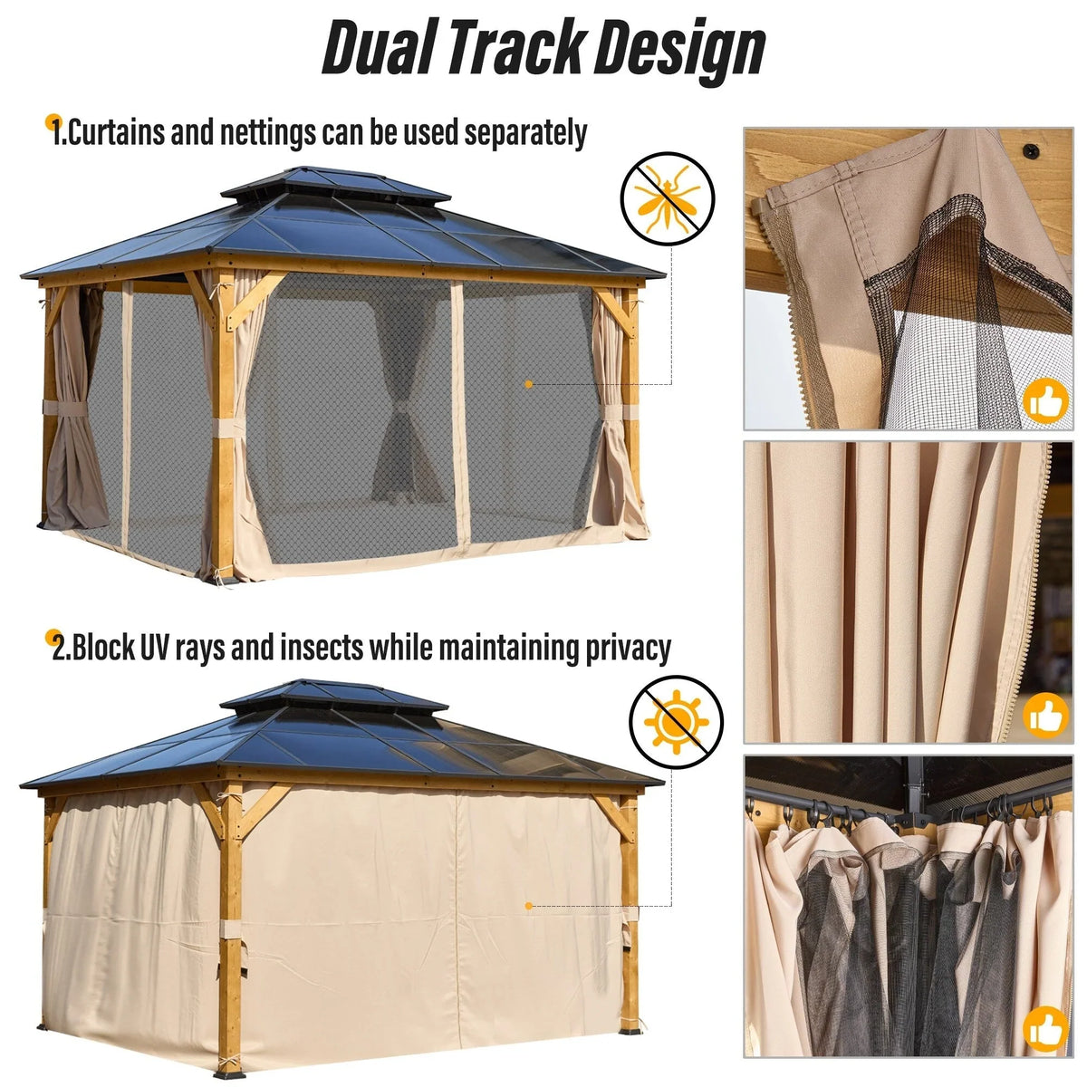 Tonnelle EROMMY à toit rigide, pergola extérieure avec double toit, moustiquaire et rideaux, auvent robuste pour patio, jardin, fête au bord de la piscine