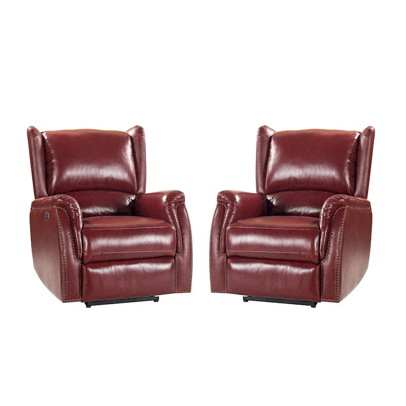 Fauteuil inclinable électrique en cuir véritable avec port USB – Dossier ailé clouté, ensemble de 2
