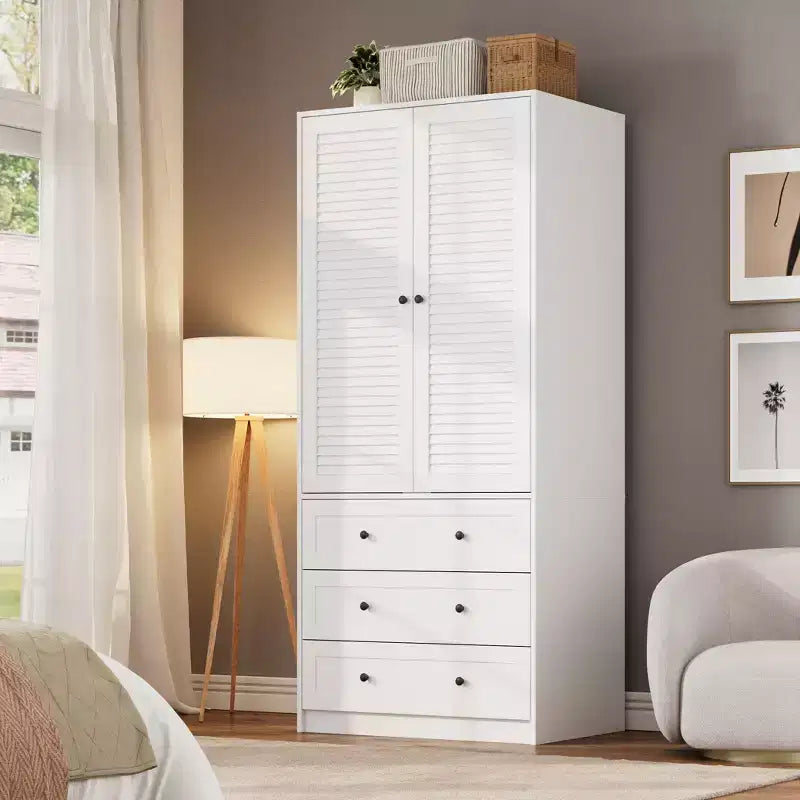 COZONY Armoire penderie avec 3 tiroirs et 2 portes, Placard de rangement moderne en bois pour chambre à coucher, Armoire sur pied blanche robuste