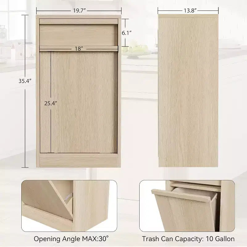 Poubelle inclinable, chêne naturel, poubelle avec rangement et tiroir, meuble poubelle caché, panier à linge pour cuisine, salle à manger, salon