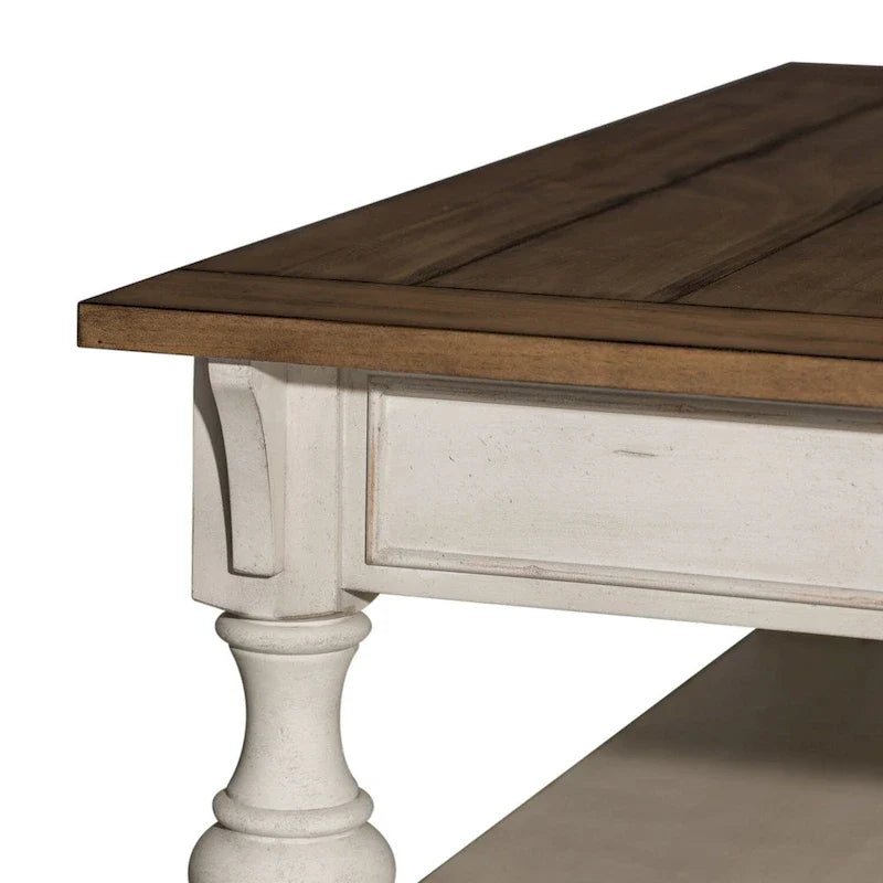 Table basse Morgan Creek blanc antique, avec accents tabac brossé.