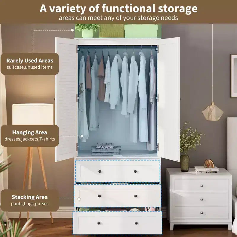 COZONY Armoire penderie avec 3 tiroirs et 2 portes, Placard de rangement moderne en bois pour chambre à coucher, Armoire sur pied blanche robuste