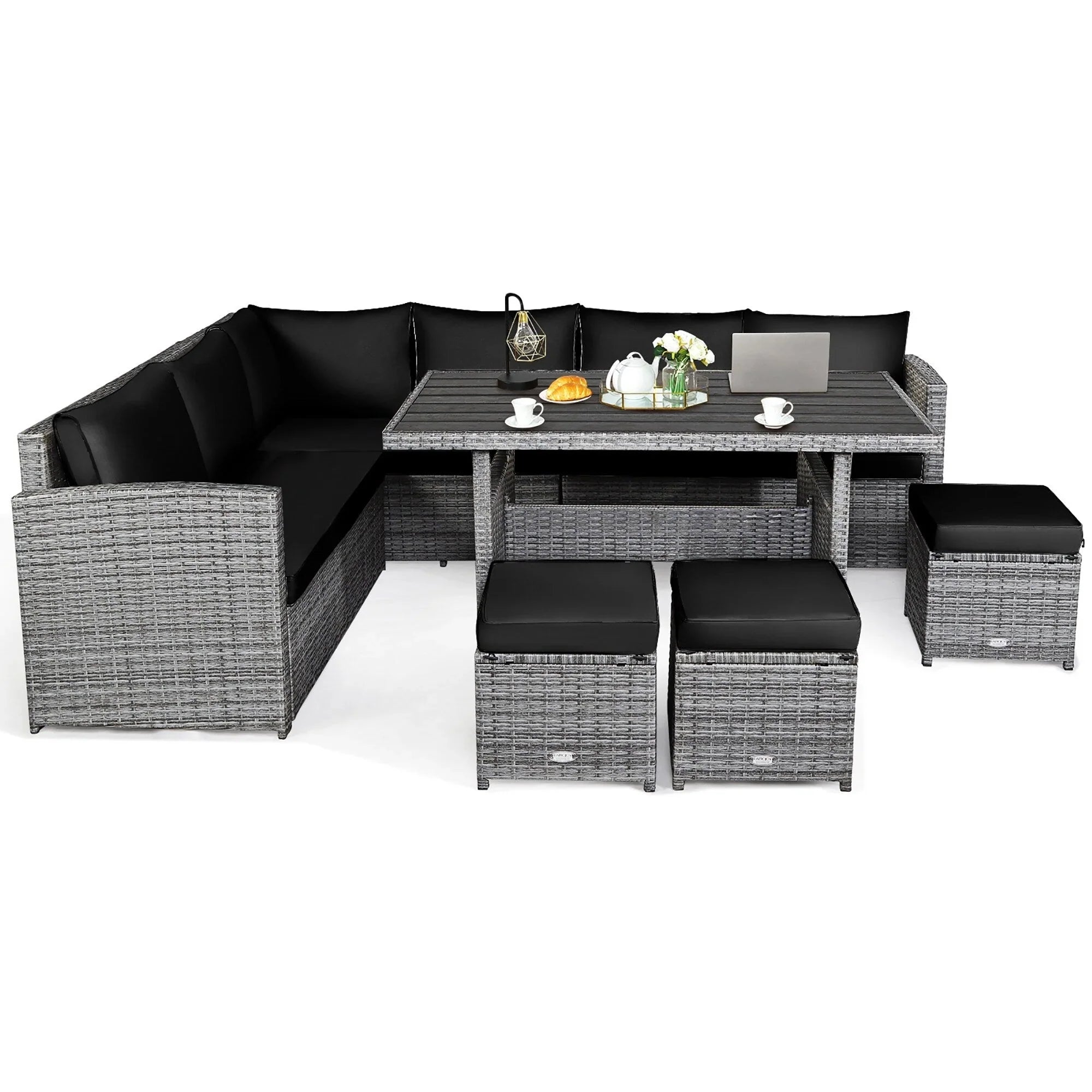 Ensemble de salle à manger Costway 7 pièces en rotin pour terrasse, canapé sectionnel et pouf - Voir détails