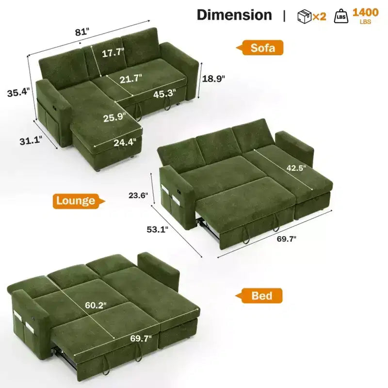 Canapé-lit convertible 2-en-1 avec méridienne de rangement, canapé d'angle en chenille avec ports USB pour salon