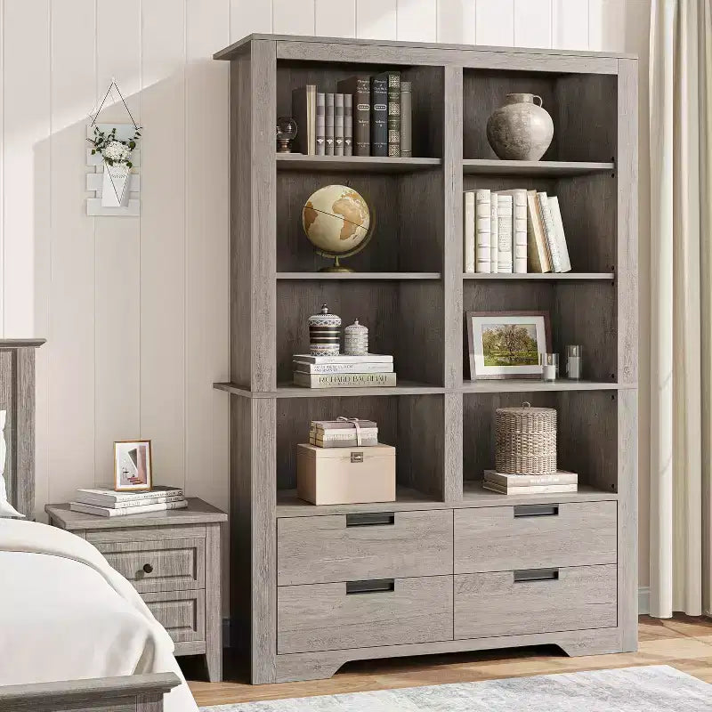 Bibliothèque haute de 72 po avec 4 tiroirs, étagère de rangement autoportante de style campagnard pour chambre à coucher, salon, bureau à domicile