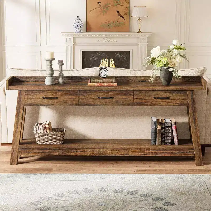Table de canapé à 2 niveaux Lantine avec 3 tiroirs, console de 180 cm avec chicane surélevée et étagères de rangement pour salon, couloir, entrée