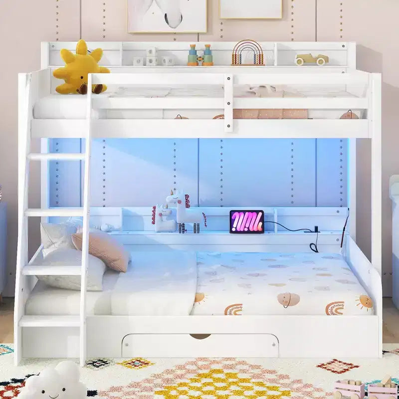 Lit superposé double sur toute la longueur avec rangement, lumières LED et station de charge, lit superposé en bois avec étagères latérales pour enfants et adolescents