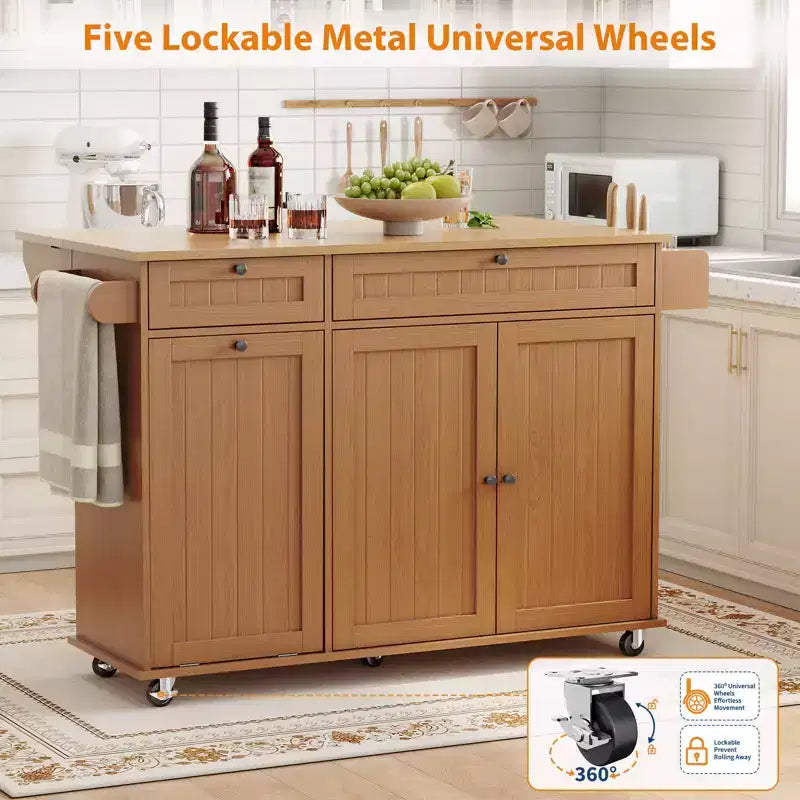 Table îlot mobile 55 avec prise de courant et abattant, chariot de cuisine roulant avec poubelle intégrée pour cuisine