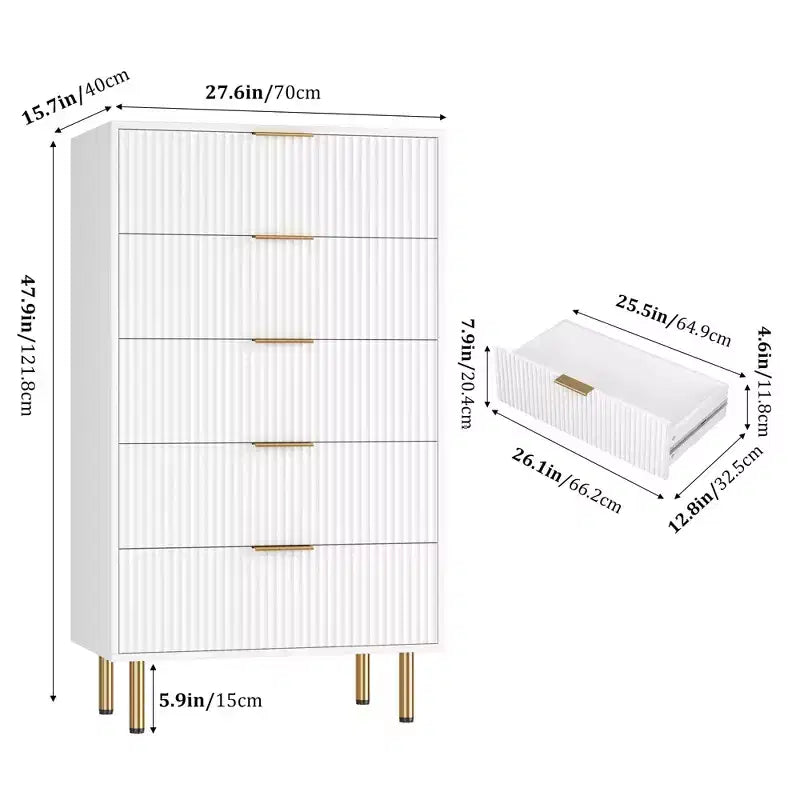 Commode à 5 tiroirs blanche / marbre et bois – Panneau cannelé, pour 1 personne