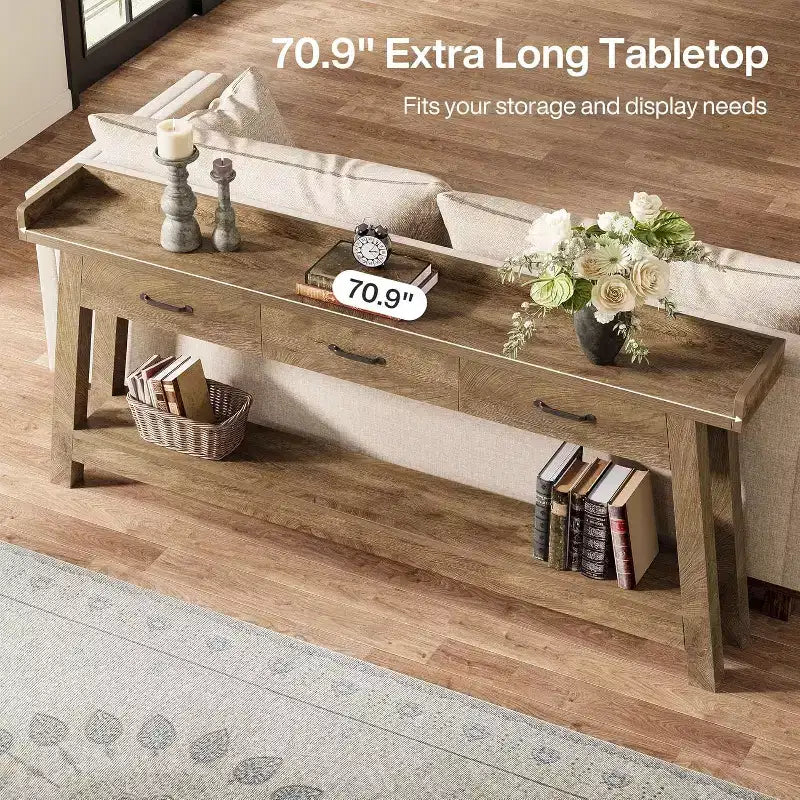 Table de canapé à 2 niveaux Lantine avec 3 tiroirs, console de 180 cm avec chicane surélevée et étagères de rangement pour salon, couloir, entrée