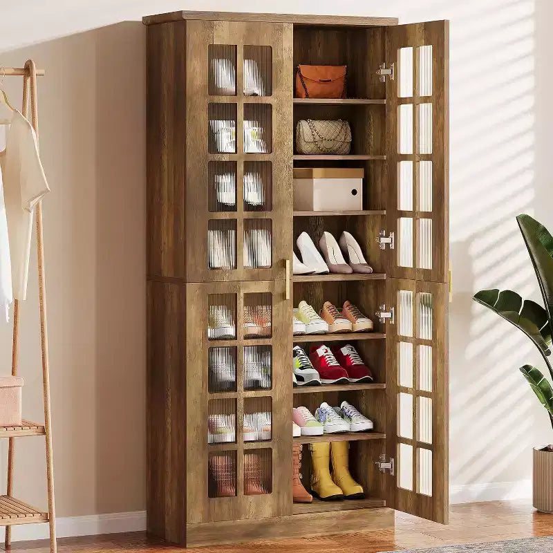Meuble à chaussures haut Lantine avec portes, rangement à chaussures à 8 niveaux avec étagères réglables, armoire à chaussures moderne pour couloir, placard, salon, blanc