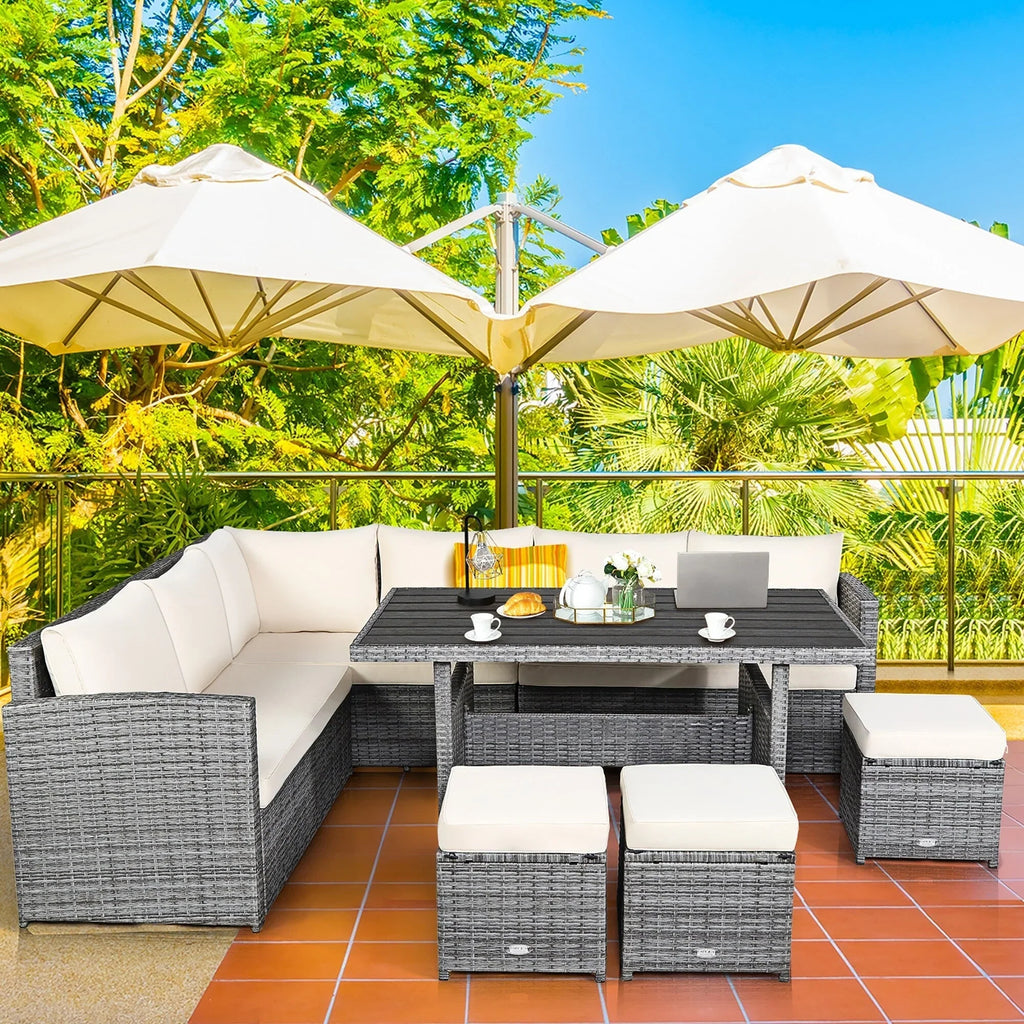 Ensemble de salle à manger Costway 7 pièces en rotin pour terrasse, canapé sectionnel et pouf - Voir détails