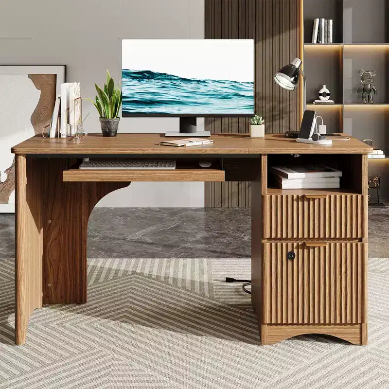 Bureau d'ordinateur intelligent Bestier 55, bureau en chêne avec tiroirs de classement et prise de courant, bureau de direction avec rangement ouvert et tiroir à clavier