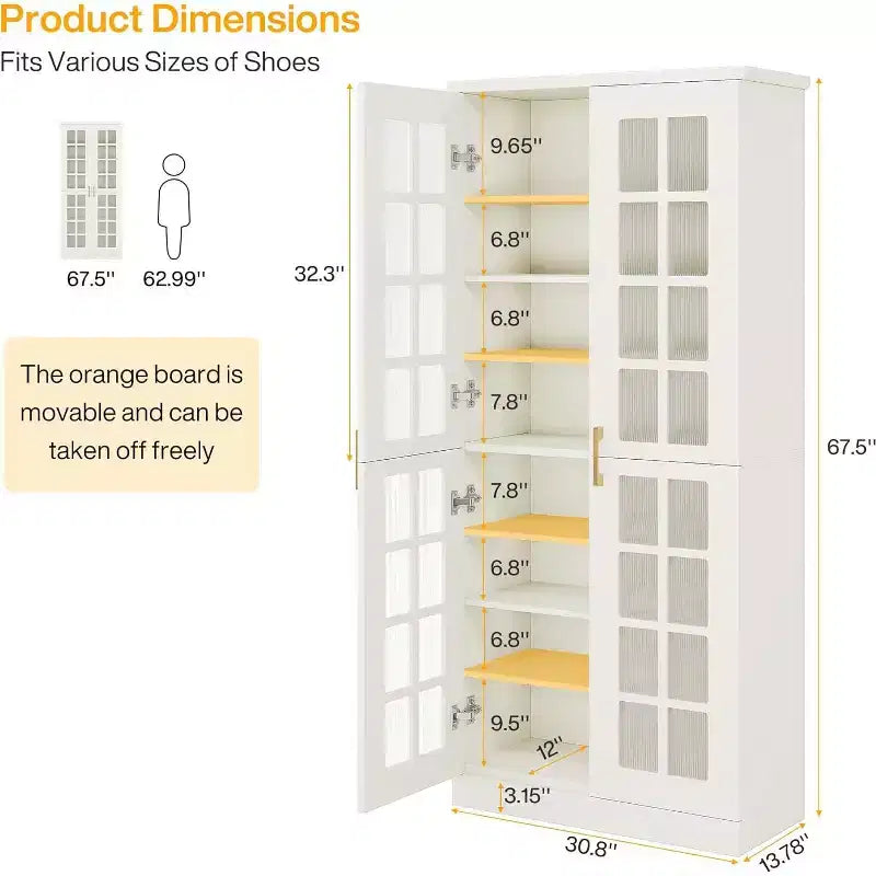 Meuble à chaussures haut Lantine avec portes, rangement à chaussures à 8 niveaux avec étagères réglables, armoire à chaussures moderne pour couloir, placard, salon, blanc