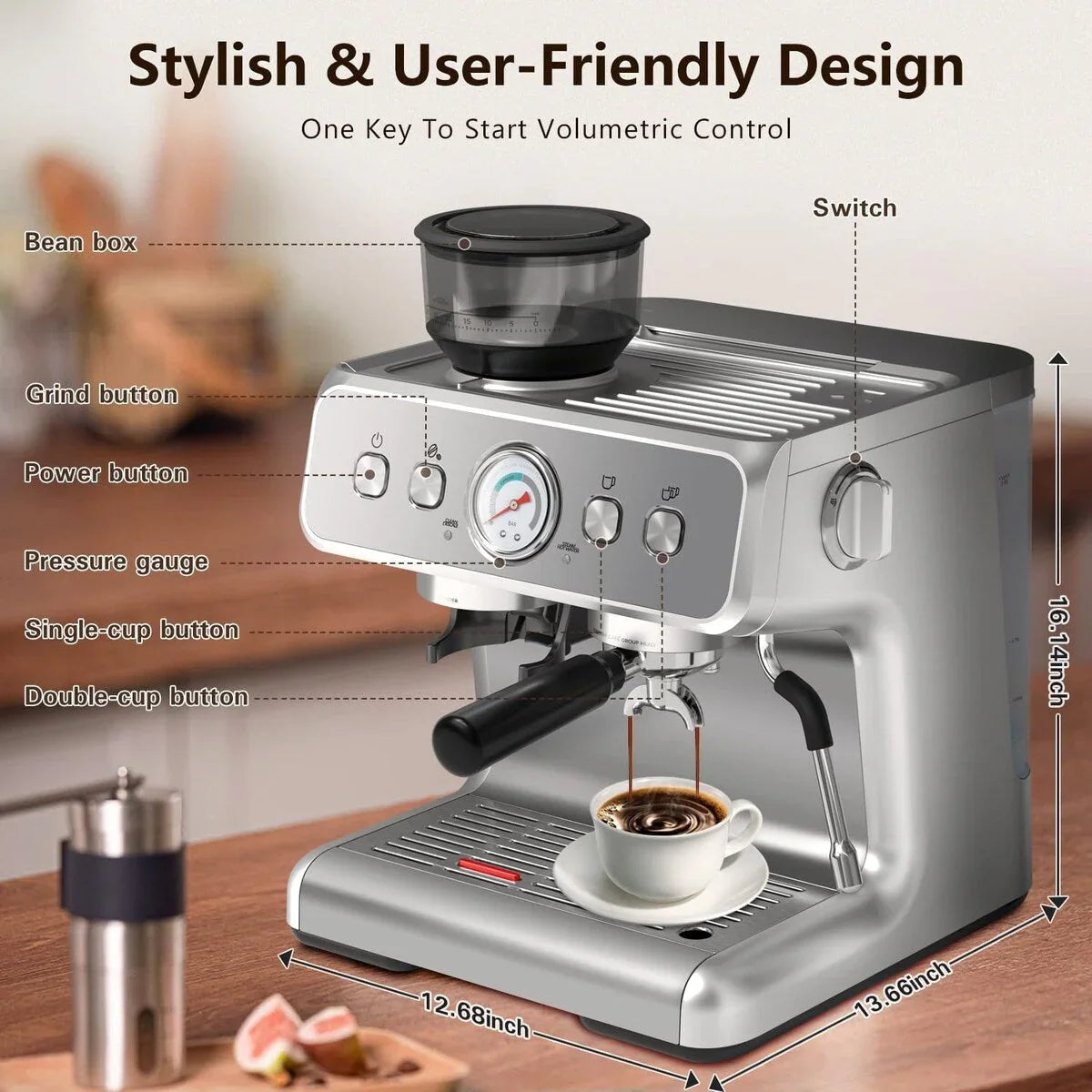 Machine à café semi-automatique avec contrôle intelligent de la température et fonction eau chaude, 30 réglages de mouture