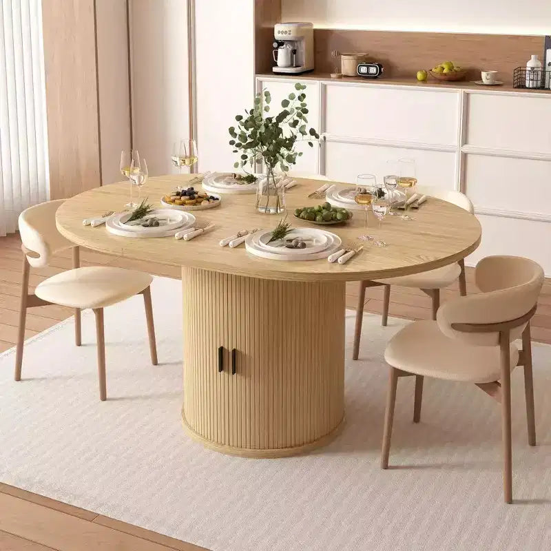 Dyonery 63 Table de salle à manger de cuisine ronde extensible avec étagère de rangement à 2 niveaux, avec base piédestal, meuble de salle à manger ovale en bois, noyer