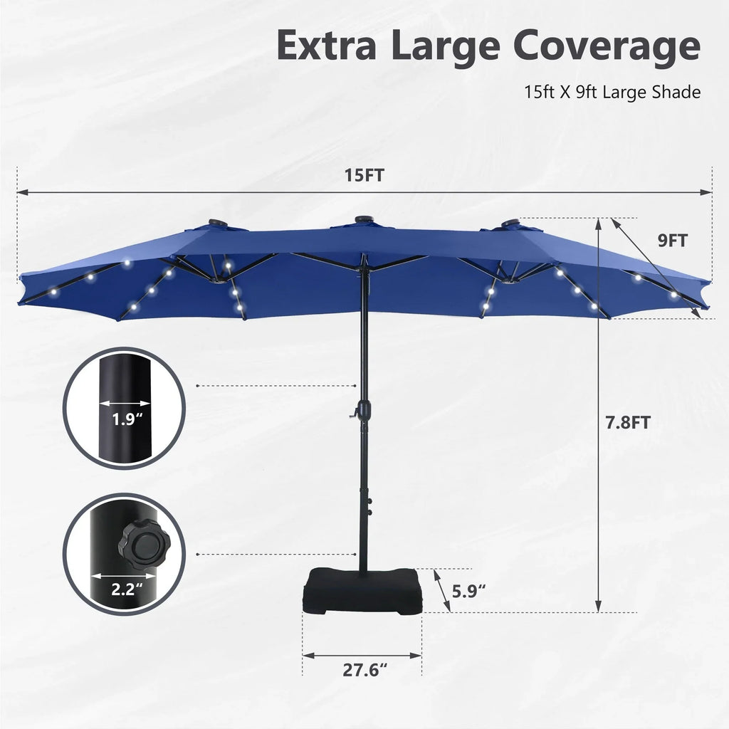 MAISON ARTS Parasol excentré rectangulaire de 4,5 m avec manivelle, parasol de marché double face d'extérieur avec lumières LED solaires et base incluse