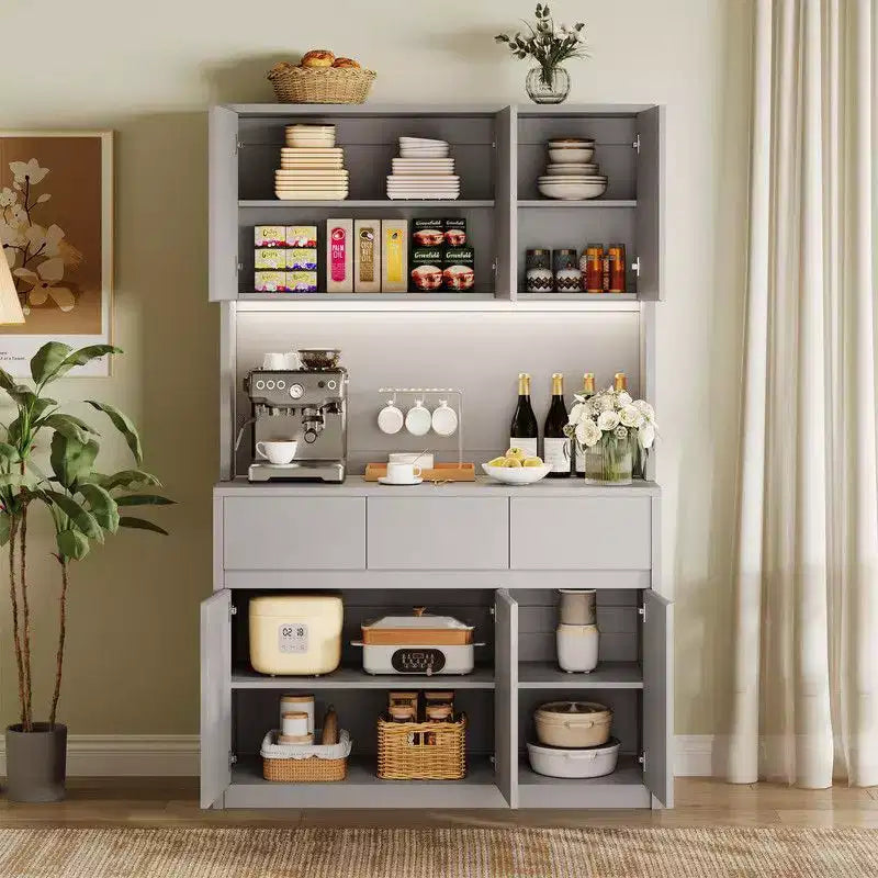 Armoire de cuisine de 71 pouces, vaisselier avec lumières LED et prises de courant, buffet avec support pour micro-ondes, étagères réglables