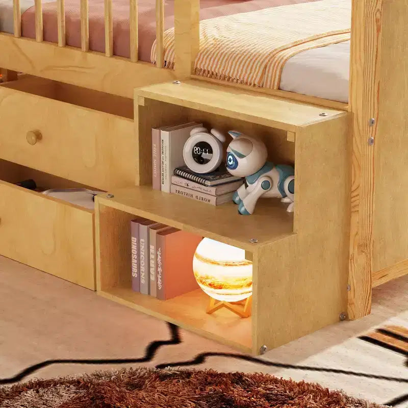 Lit mezzanine bas Whisen avec lumières LED, tête de lit en forme de maison et tiroirs de rangement, construction robuste