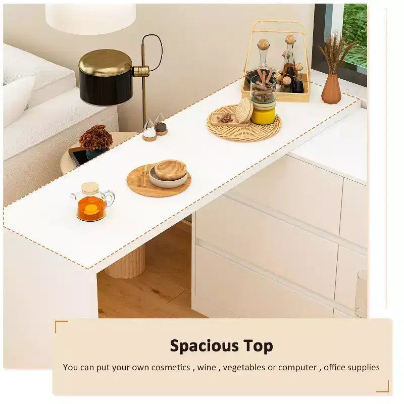 Desserte de buffet intelligente rotative/extensible avec 6 tiroirs, plan de travail étendu, tapis antidérapant, table à manger rotative, îlot de cuisine/garde-manger