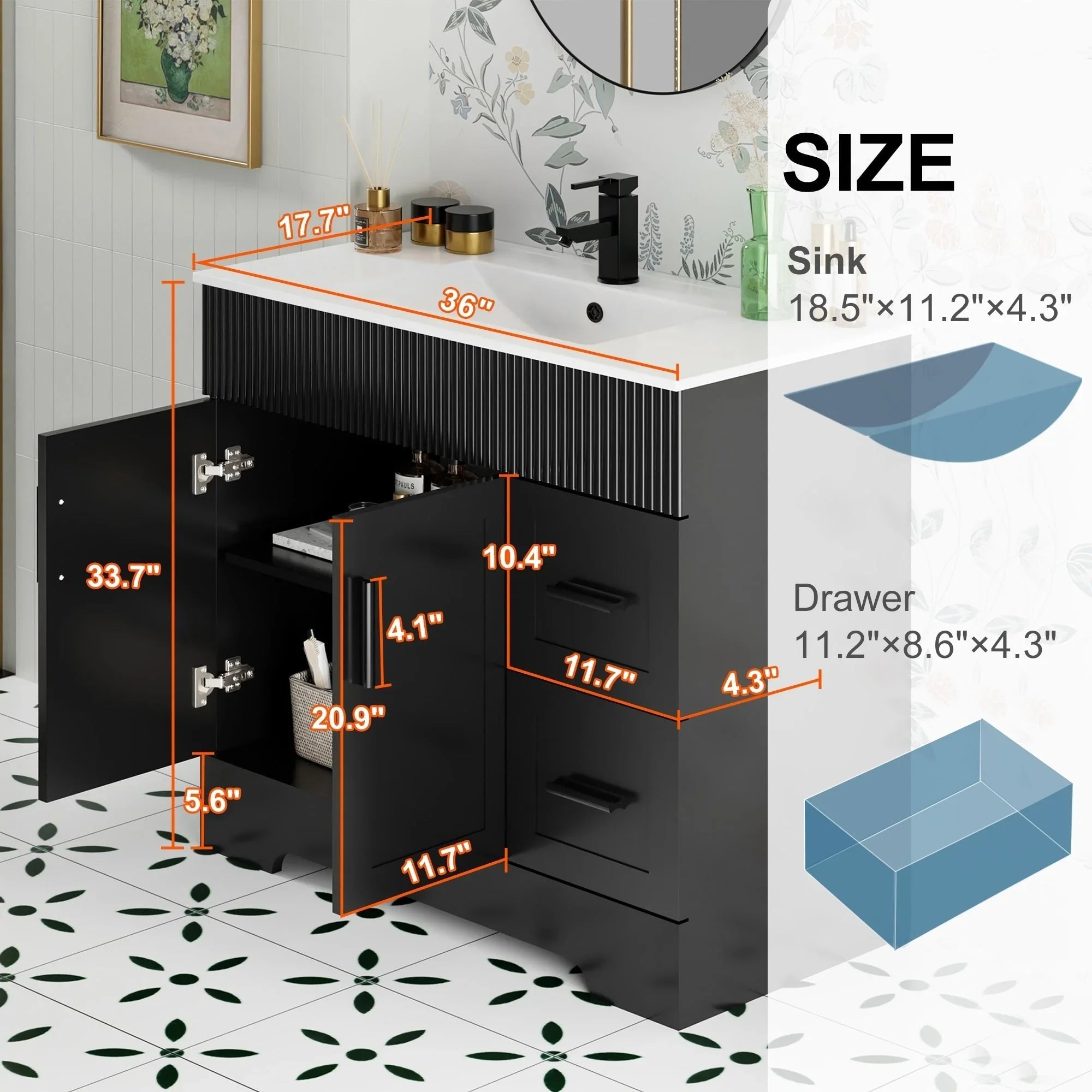 Meuble-lavabo de salle de bain Wavy Line 30/36/48 avec évier et robinet