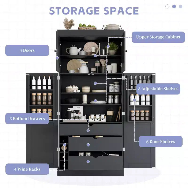 Garde-manger de cuisine autoportant 77H, armoire de rangement de style ferme avec étagères réglables, étagères de porte, tiroirs et casiers à vin - ModernLuxe