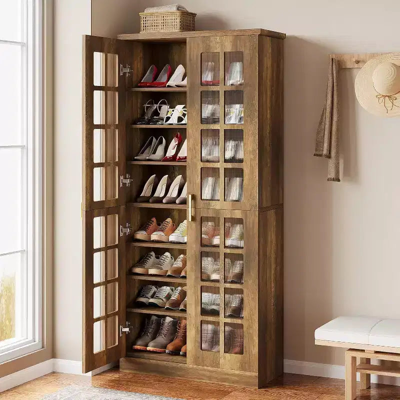 Meuble à chaussures haut Lantine avec portes, rangement à chaussures à 8 niveaux avec étagères réglables, armoire à chaussures moderne pour couloir, placard, salon, blanc
