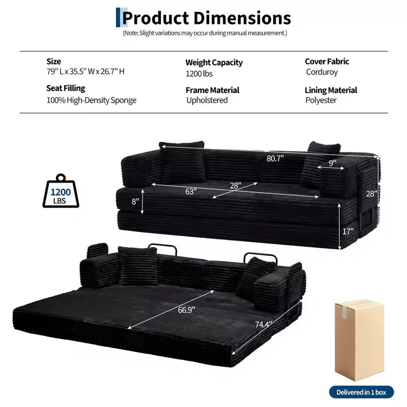 Canapé-lit convertible 5-en-1 80,7 po – Velours côtelé, 1200 lb, aucun assemblage requis