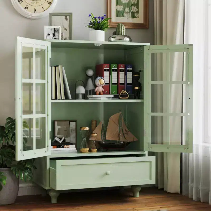 Meuble de rangement, Meuble bas en bois avec 1 tiroir et 2 portes vitrées, Buffet de style rustique avec rangement pour salon