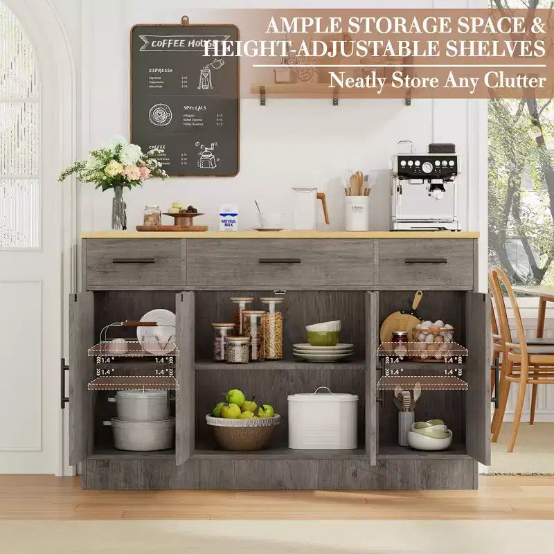 Buffet de cuisine Celebalcony avec rangement, grand buffet de cuisine de 135,6 cm avec 3 tiroirs et 4 portes, étagère réglable pour cuisine, salon