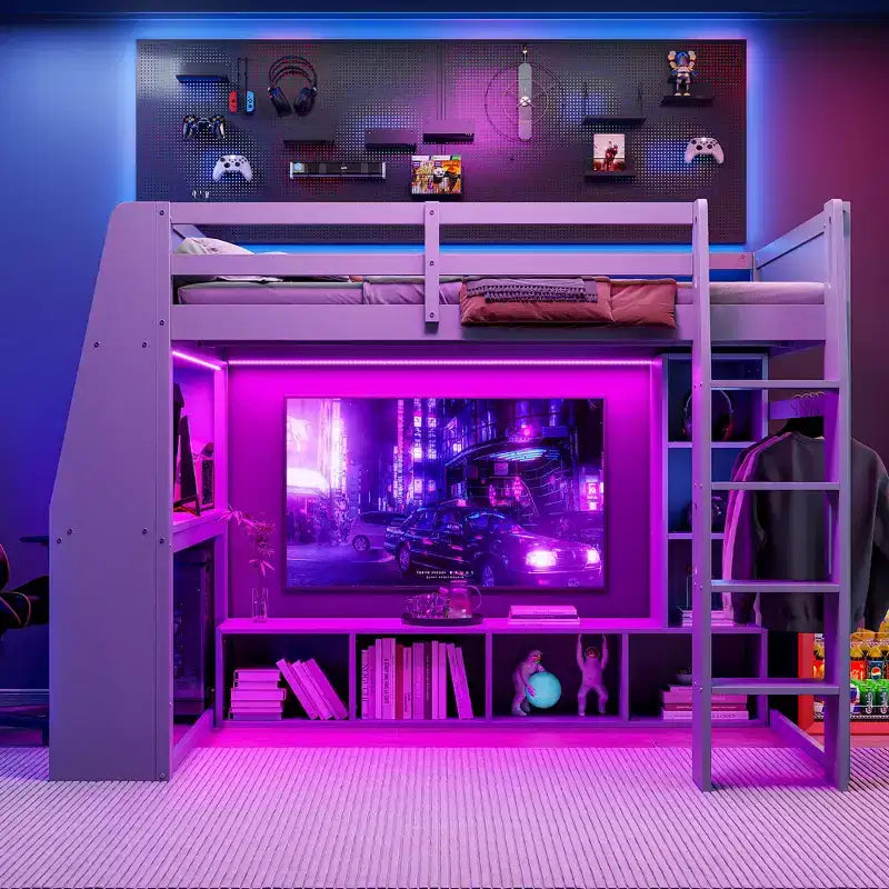 Lit mezzanine gaming Whisen Wood de taille double avec bureau, étagères multi-rangements, LED et une penderie suspendue