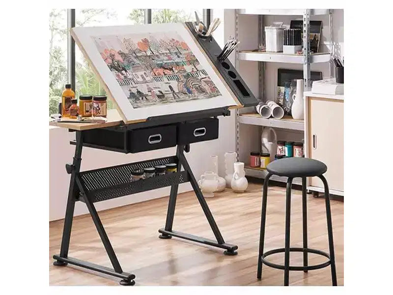Table à dessin réglable en hauteur, table à dessin inclinable de 0 à 75° pour adultes, bureau d'artiste avec 2 tiroirs de rangement, avec tabouret