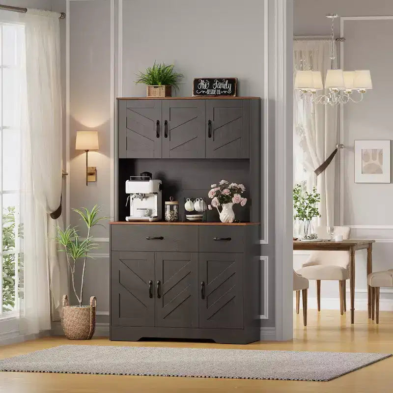 Meuble de cuisine de 71 pouces avec station de recharge, grand plan de travail, support à micro-ondes et 2 tiroirs, rangement de type « hutch » pour salle à manger et salon