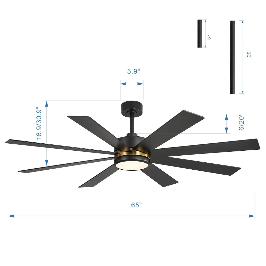 Ventilateur de plafond de 65 pouces à 8 pales noires avec lumière LED et télécommande