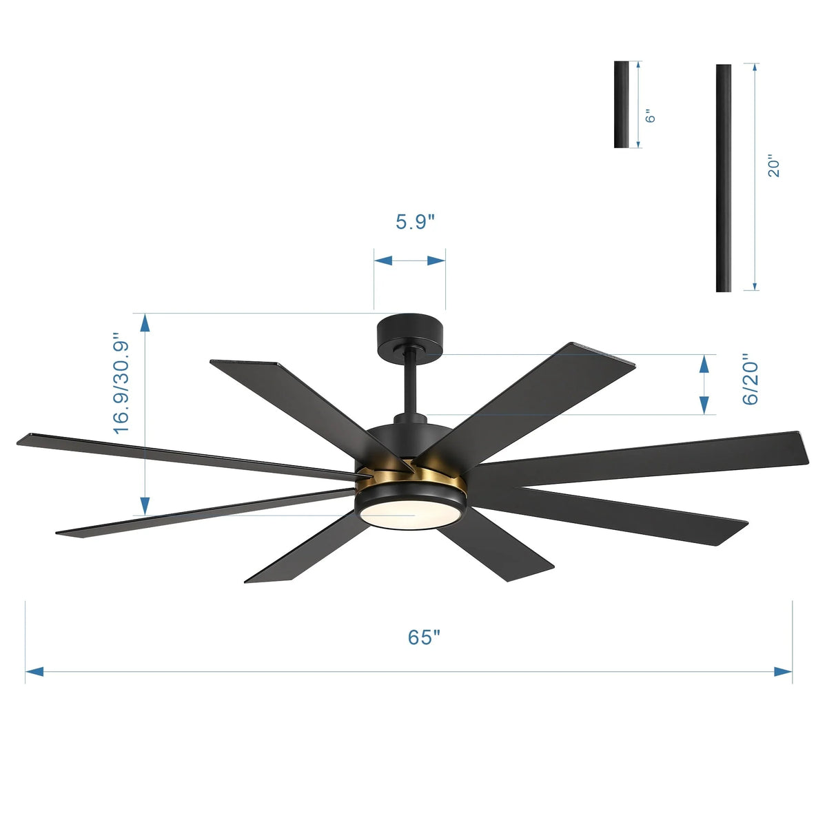 Ventilateur de plafond de 65 pouces à 8 pales noires avec lumière LED et télécommande
