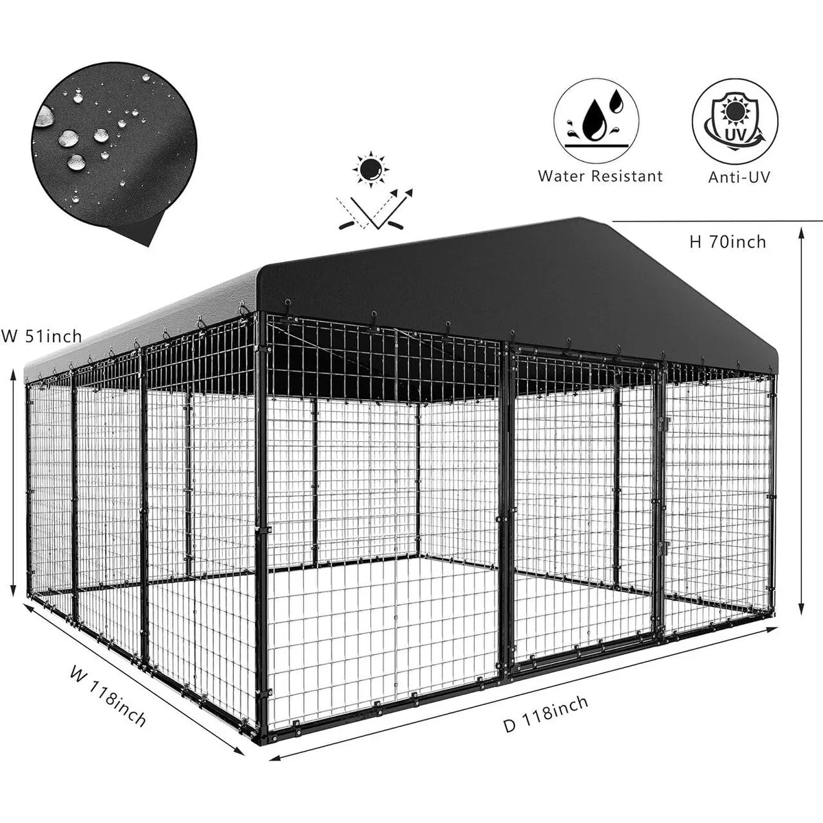 Grande niche extérieure pour chien L 118 x P 118 x H 70, enclos pour chien robuste avec toit étanche
