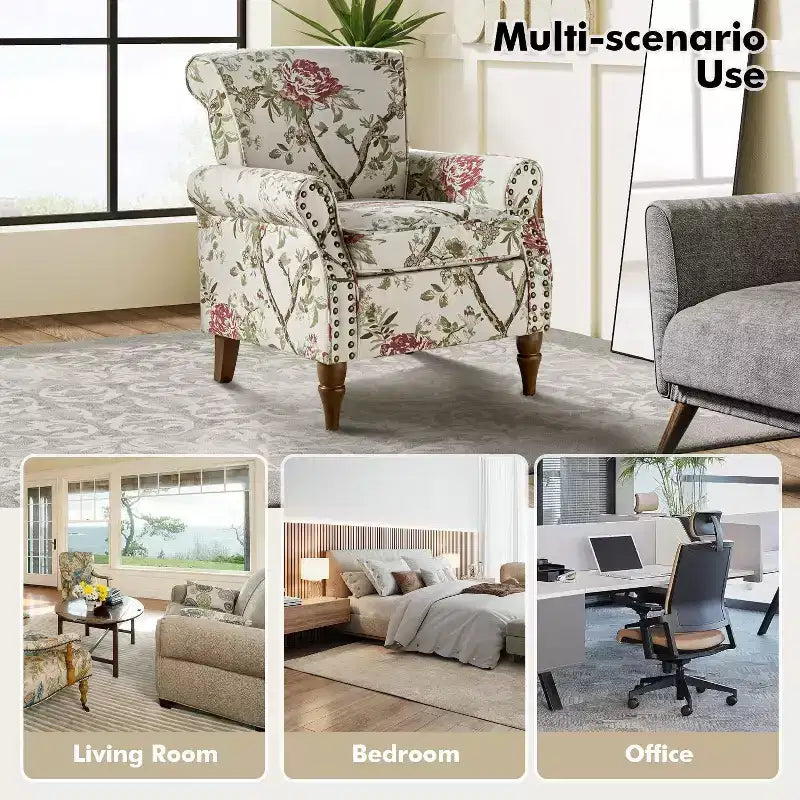 Fauteuil en bois traditionnel Araceli, rembourré à motifs floraux, avec dossier à oreilles et garniture cloutée | ART OF LIVING DESIGNS