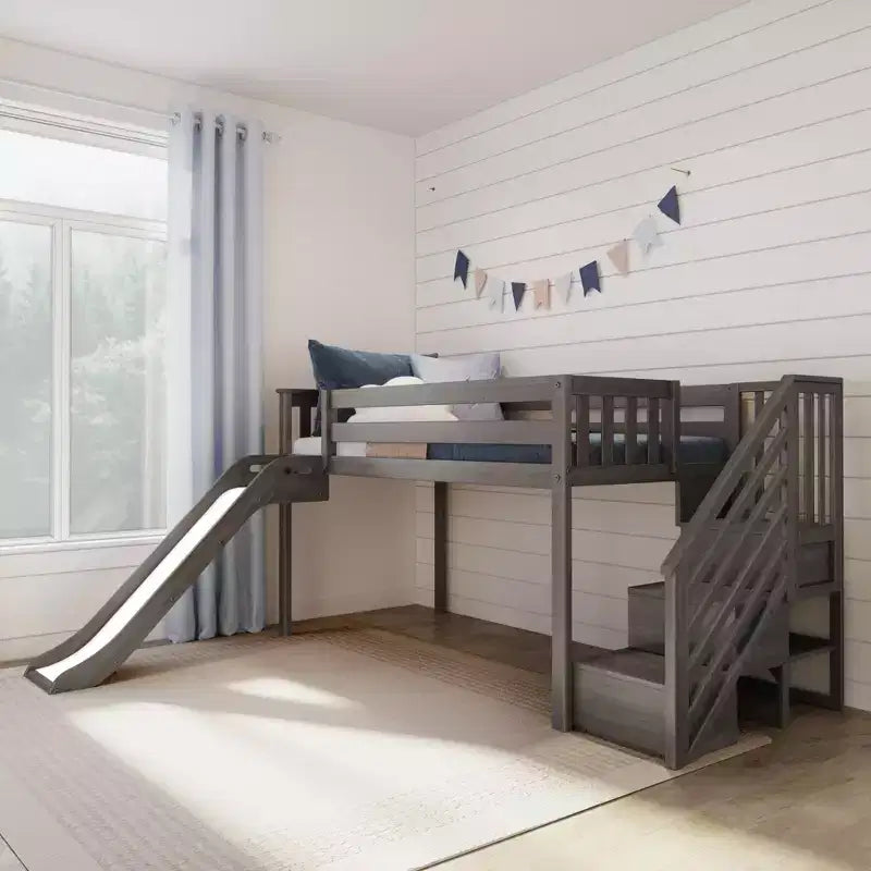 Lit bas mezzanine simple pour enfants avec toboggan et escalier, bois massif, 14 barrières de sécurité, capacité de 180 kg