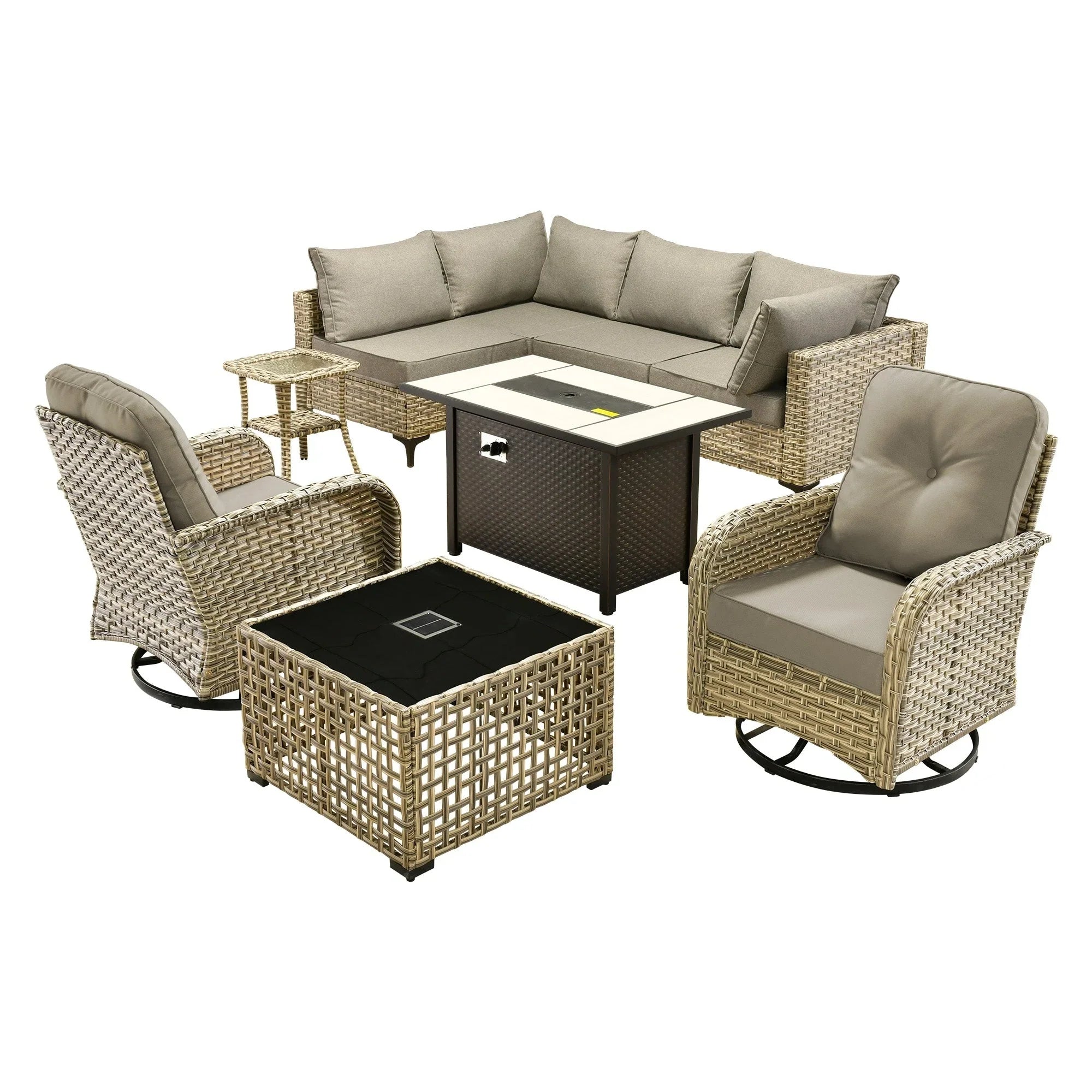 Ensemble de 9 chaises pivotantes en osier d'extérieur OVIOS avec table brasero