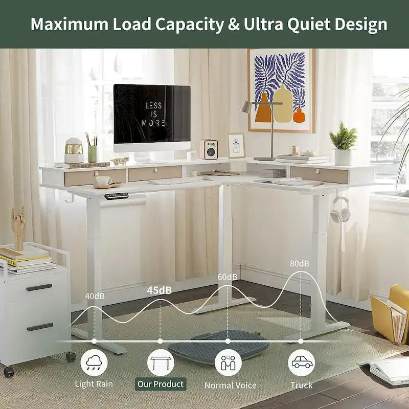 Bureau d'angle électrique debout avec 3 tiroirs et roulettes verrouillables, 160