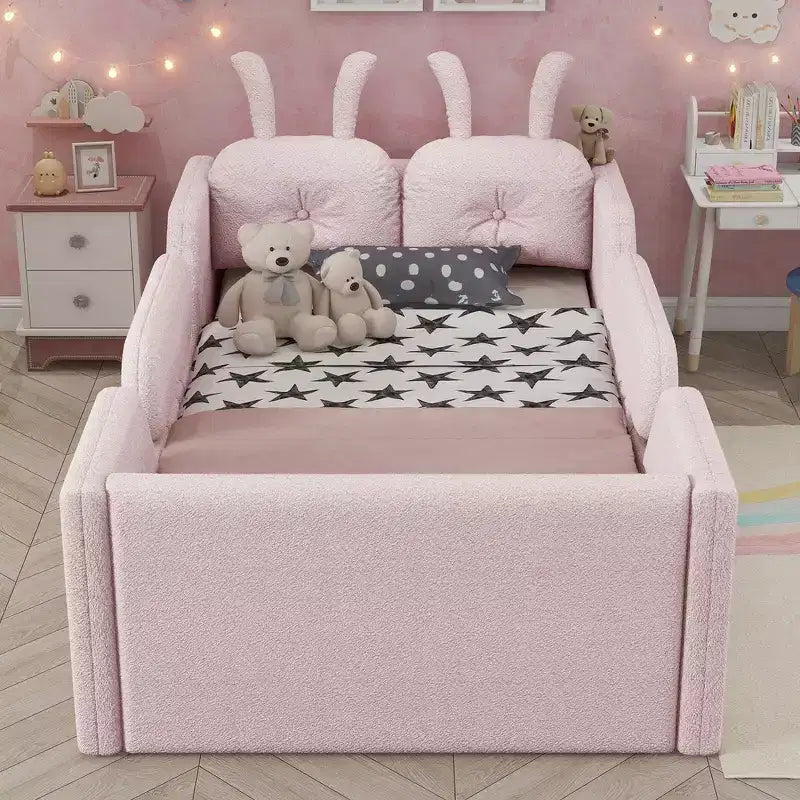 Lit plateforme double Whisen, cadre de lit rembourré pour enfants avec coussin lapin, barrières latérales amovibles