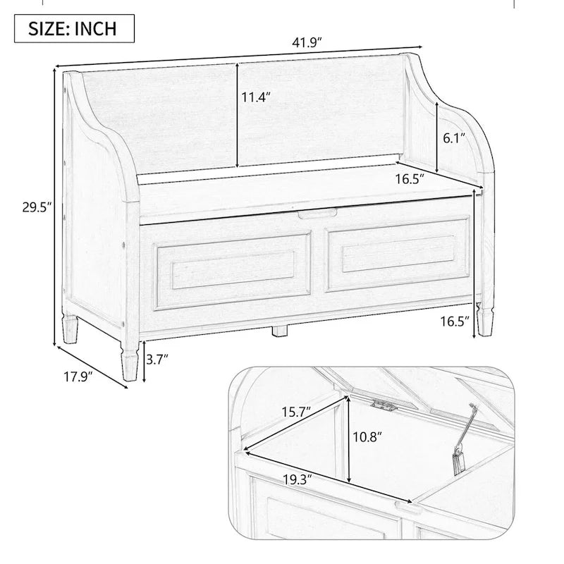 Banc de rangement rustique en bois massif pour entrée avec charnière de sécurité