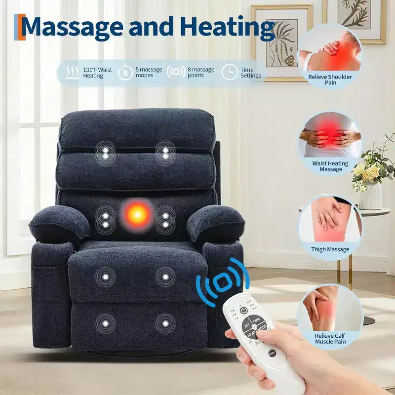 Fauteuil inclinable massant avec fonction de chauffage, fauteuil inclinable et pivotant à 360° pour adultes, fauteuil de nurserie en lin avec poche latérale, deux porte-gobelets