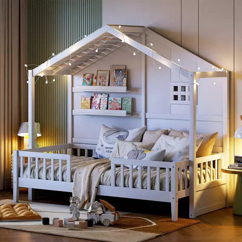 Lit cabane double avec étagères de rangement et barrières, cadre de lit Montessori en bois pour enfants avec fenêtre et bande lumineuse scintillante