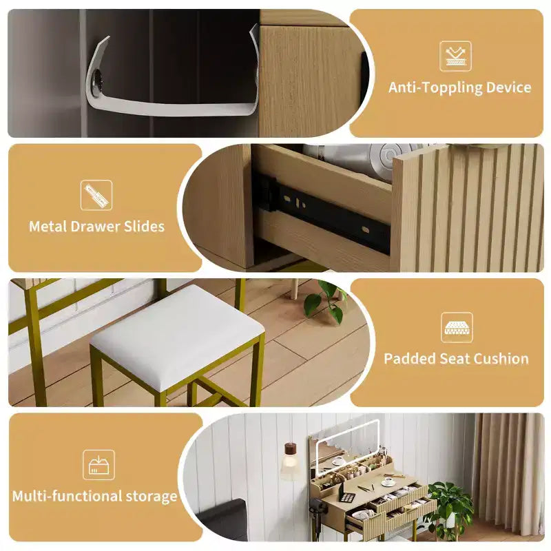 Coiffeuse avec miroir et lumières, miroir lumineux à LED, tiroirs de rangement spacieux pour produits cosmétiques et articles de toilette